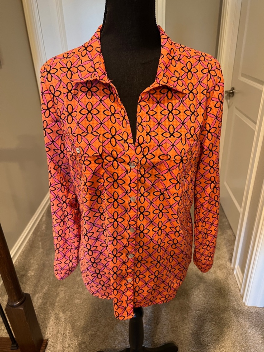 Kim Rogers Bright Orange Floral-Print Button Down Shirt with Pink Accents